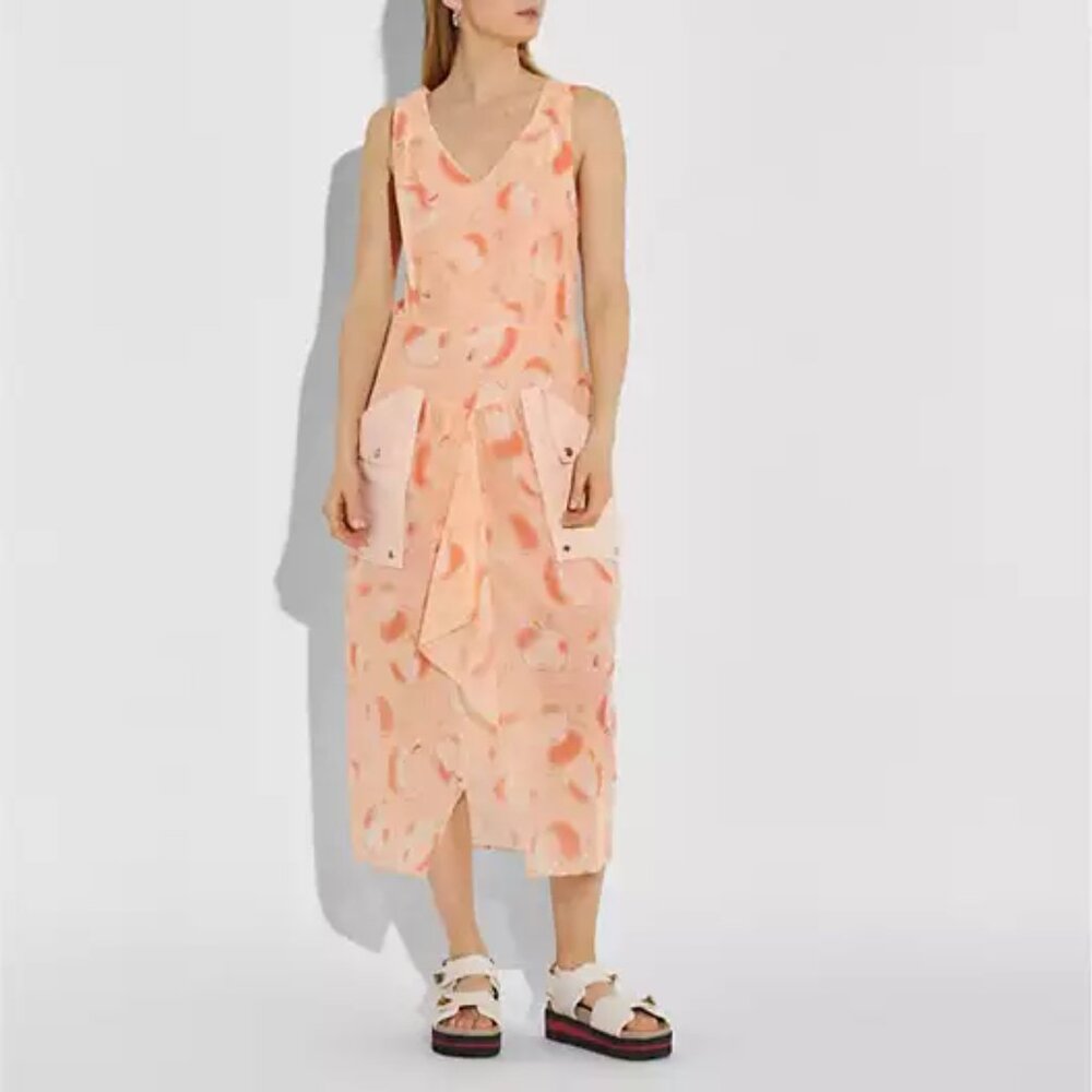 Coach Apple Print V-Neck Cargo Pocket Midi Dress Blush Peach Size 0